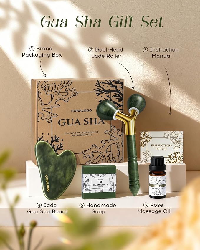 Coralogo Jade Gua Sha Facial Tools - 4pc Face Massager Tools Set with Gua Sha Facial Oil, Soap, Jade Roller for Puffiness Lymphatic Drainage, Self Care Gift for Her Birthday Mother's Day