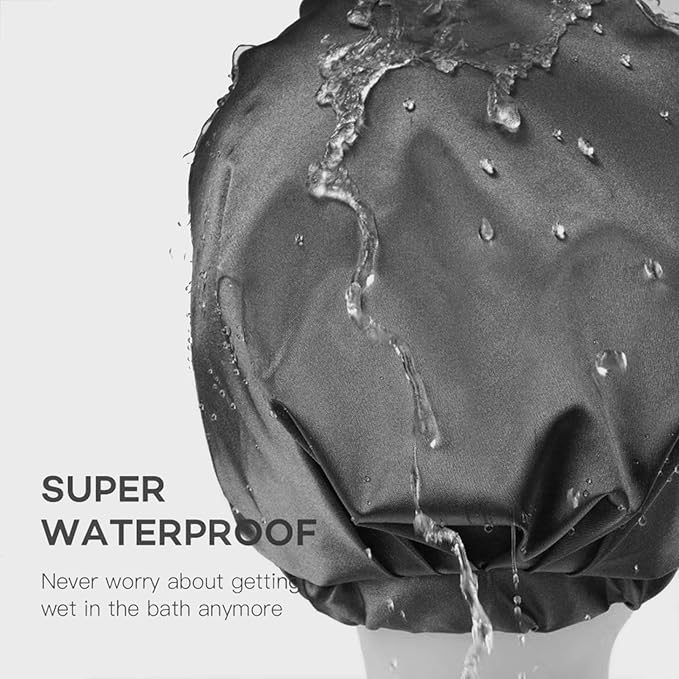 Large Shower Cap for Women Reusable Waterproof Adjustable Shower Caps with Silk Satin Lined Luxury Shower Cap for Long Hair (Black)