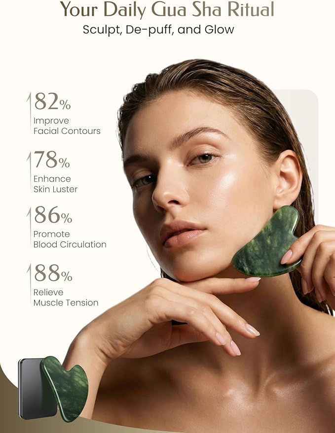 Gua Sha Facial Tool – Jade Guasha Tool for Face & Neck – Face Massager Tool for Lymphatic Drainage, Puffiness Reduction & Jawline Sculpting (Green)