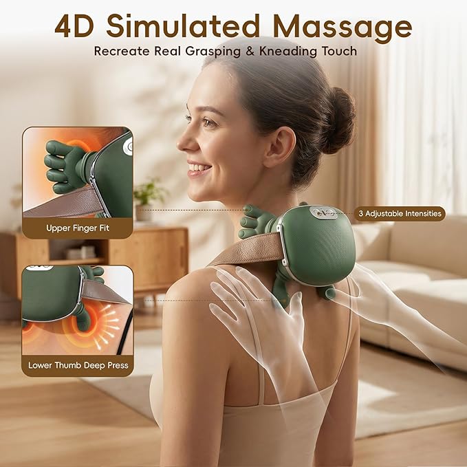 Shoulder and Neck Massager with Heat, 4D Deep Tissue Massage with Finger Pressure for Back, Neck & Shoulder, Portable Compact Design to Relieve Muscle Fatigue and Stiffness, Green