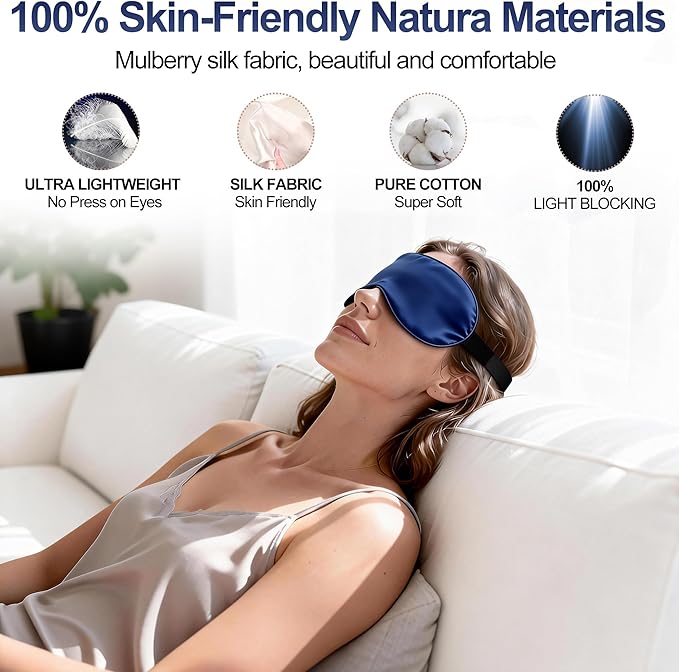 Silk Sleep Mask for Sleeping, Blackout Eye Mask with Adjustable Strap, Lightweight & Comfortable Blindfold for Women & Men, Includes Protective Laundry Bag for Eye Cover(Blue)
