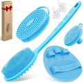Silicone Back/Body/Face Scrubber & Soft Bath Glove Set 4PCS, Gentle Exfoliating Back & Body Scrubber with Dual-Side Brush Head, Hand-fit Bath Glove & Face Scrubber for Deep Cleaning(Blue-4PC)