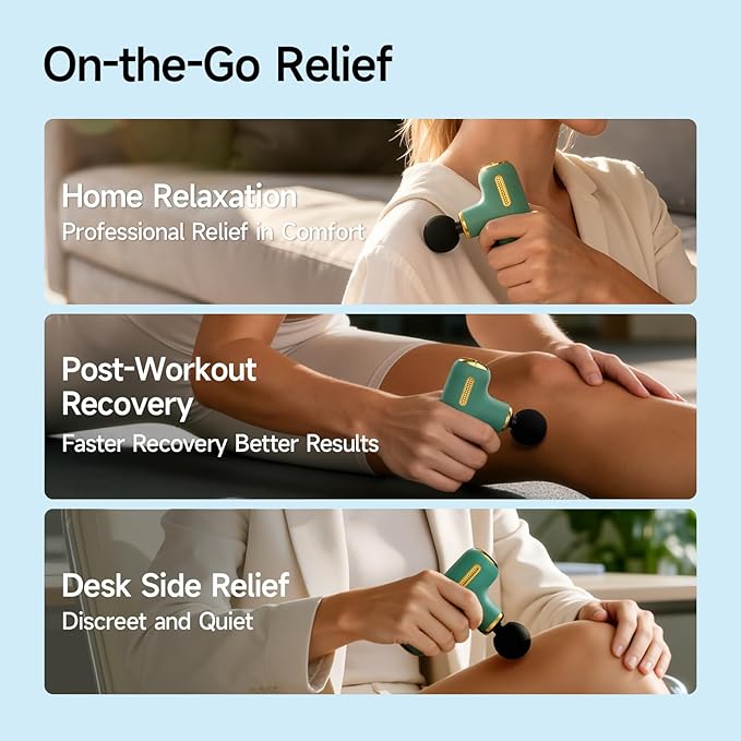 HEYCHY Super Mini Massage Gun Deep Tissue, Handheld Muscle Massager with 4 Heads, Quiet Percussion Travel Size Massager for Back Pain Relief, Home, Gym & Office, Green