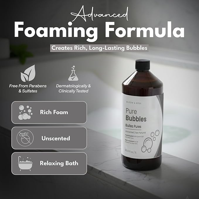 Luxury Unscented Foaming Bath - Natural Fragrance-Free Bubble Bath with Aloe Vera and Epsom Salt - Pure Bubbles Scent (Unscented), 33.8 fl oz / 1L