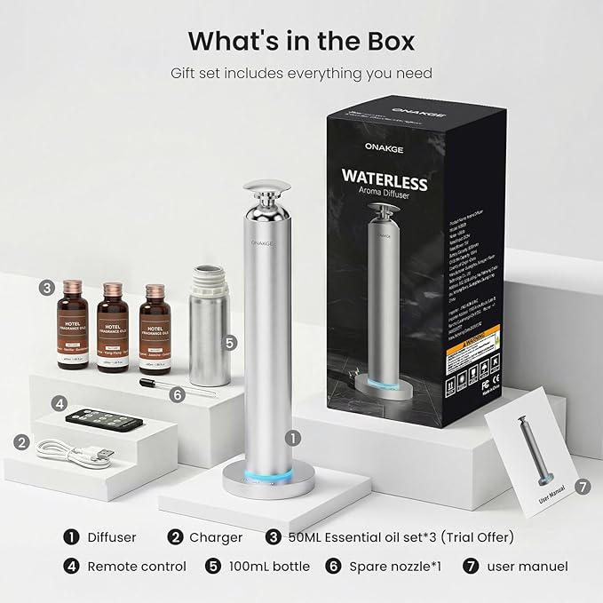 Waterless Aroma Diffuser, 8000mAh Battery Scent Air Machine for Large Room up to 1500 Sq Ft, Cold Air Diffusion Essential Oil Diffuser with App & Remote Control, Quiet Design for Home, Office, Hotel