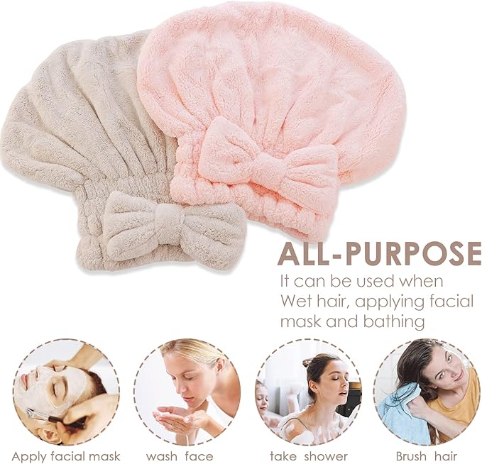 AEVBSOY 2 Pack Microfiber Hair Drying Caps Hair Drying Towel Super Absorbent Hair Towel Wrap Fast Drying Hair Turban Wrap Towels Soft Quick Drying Hat for Women Long Curly Wet Hair for Shower Spa