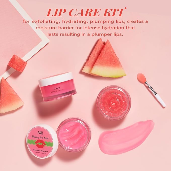 Hydrating Lip Mask Set, Lip Scrub & Lip Butter, Overnight Lip Treatment Set Enriched With Ceramide, Watermelon and Shea Butter, For A Softer & Smoother Lips, Overnight Lip Mask Mothers Day Gifts