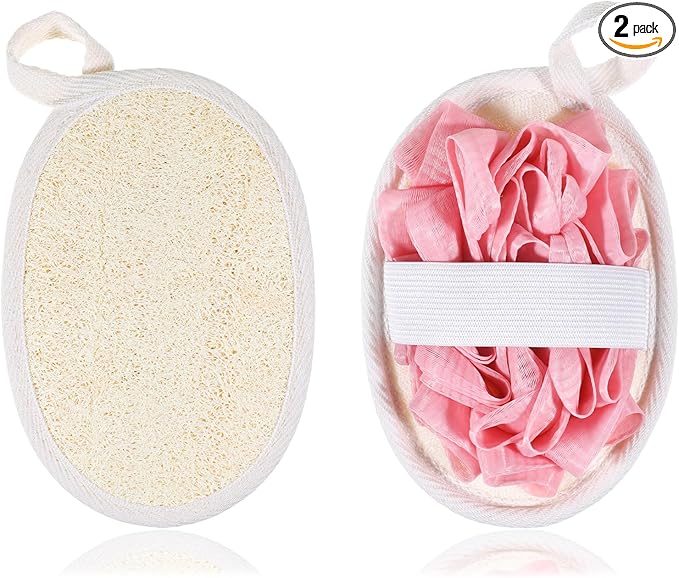 Jeffdad 2Pcs Natural Loofah Sponge, Premium Exfoliating Body Scrubber for Women & Men Ideal Shower Scrubber for Body Perfect for Exfoliation, Cleansing, and Gentle Skin Care(Pink)