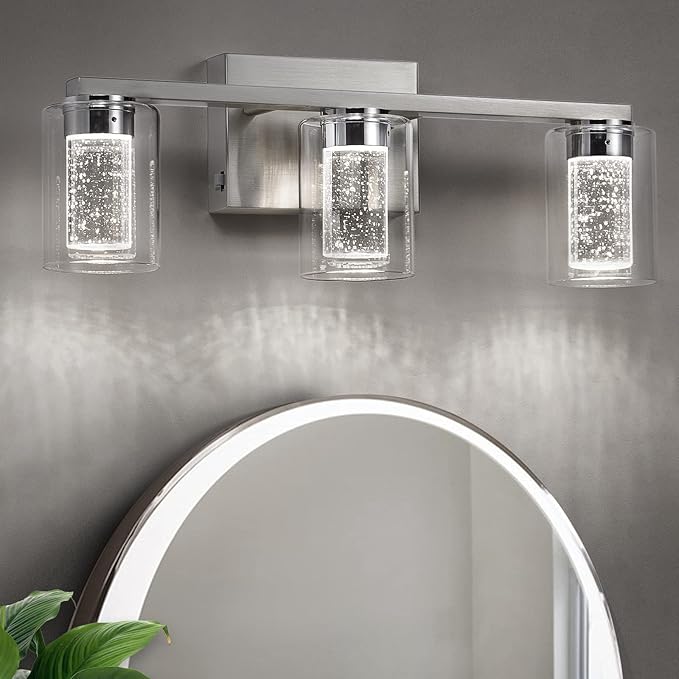 Bathroom Light Fixtures, 3 Light Brushed Nickel Bathroom Vanity Light over Mirror, 3 Color LED lights with Crystal Bubble and Clear Glass, White/Neutral/Warm Light Dimmable Wall Sconce Lighting