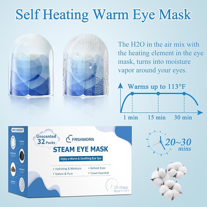 32Packs Steam Eye Mask, Heated Eye Mask for Sleeping, Warm Compress for Eyes, Self Heating Disposal Steam Mask for Home Sleep, Office, Spa, Travel Essentials Mothers Day Gifts (Unscented)