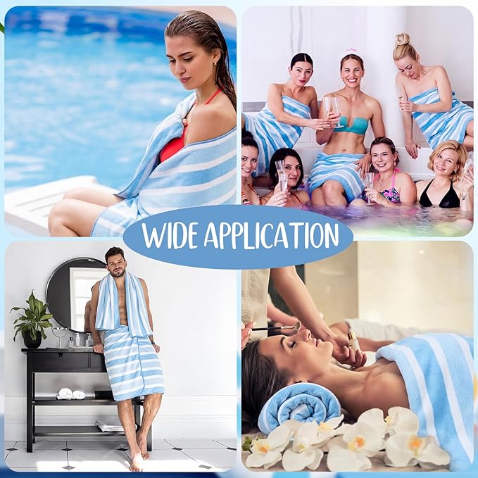 SmoothNovelty 16 Pack Microfiber Bath Towels Bulk 27'' x 60'' Oversized Size Bath Towel Highly Absorbent Extra Large Soft Drying for Beach Shower Summer Salon Sport Gym Party (Wide Stripes,Blue)