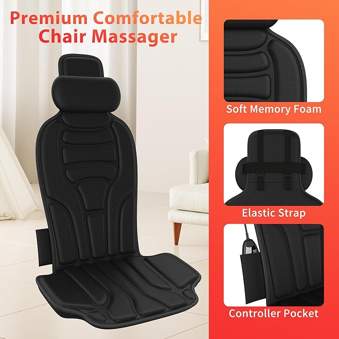 Back Massager with Heat，Vibration Massage Chair Pad with 5 Massage Modes & Adjustable Heat Levels, Memory Foam Back Massager Cushion for Office Chair, or Home Use，Midnight