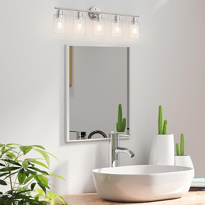 Espird Bathroom Vanity Light Fixtures Brushed Nickel Bathroom Lighting Fixture, 5 Lights Bathroom Light Fixture Over Mirror, Modern Black Vanity Light, Wall Sconces with Glass Shades
