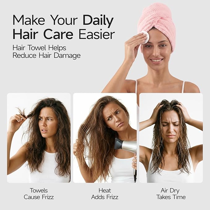REDKISS Microfiber Hair Towel Wrap for Women, Double Sided Hair Towels with Elastic Strap, Super Absorbent Quick Dry Hair Drying Towel for Long, Thick, Curly Hair, Anti-Frizz Turban (Pink & White)