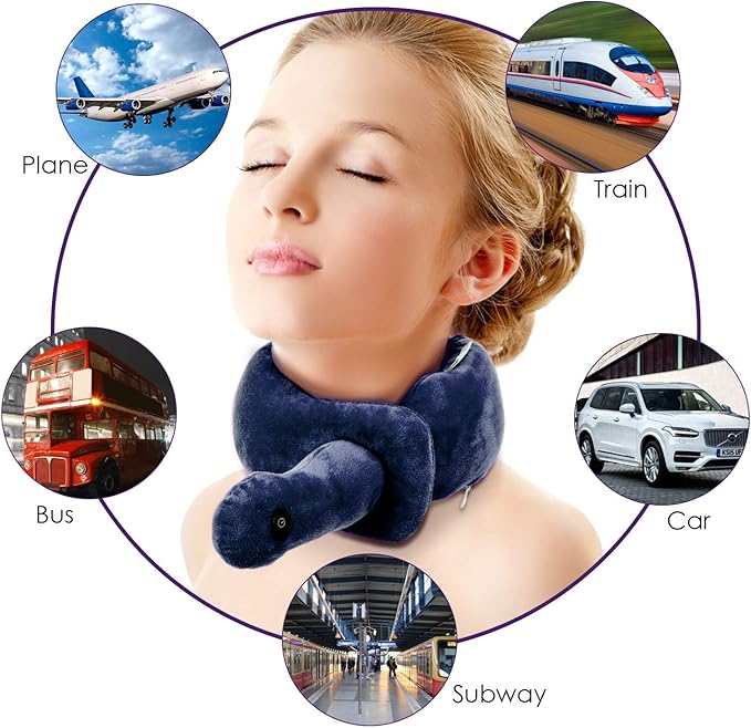 Travel Neck Pillow with Vibration Massage, Battery Operated Adjustable Airplane Neck Pillow for Comfort & Relaxation, Gift for Parents (Blue)