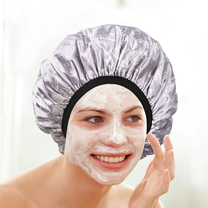 White Butterfly Print Satin Shower Cap, Three-Layer Terry Cloth Lined, with Silk Hair Ties, Microfiber Waterproof Reusable Large Size Shower Cap for Women Long Thick Hair