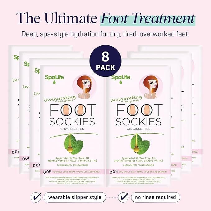 SpaLife Moisturizing Foot Sockies | Mothers Day Gifts & Foot Mask For Dry Cracked Feet | Tea Tree Oil Softening Booties | Callus Remover Alternative | Self Care Gifts for Women | 8 Pack