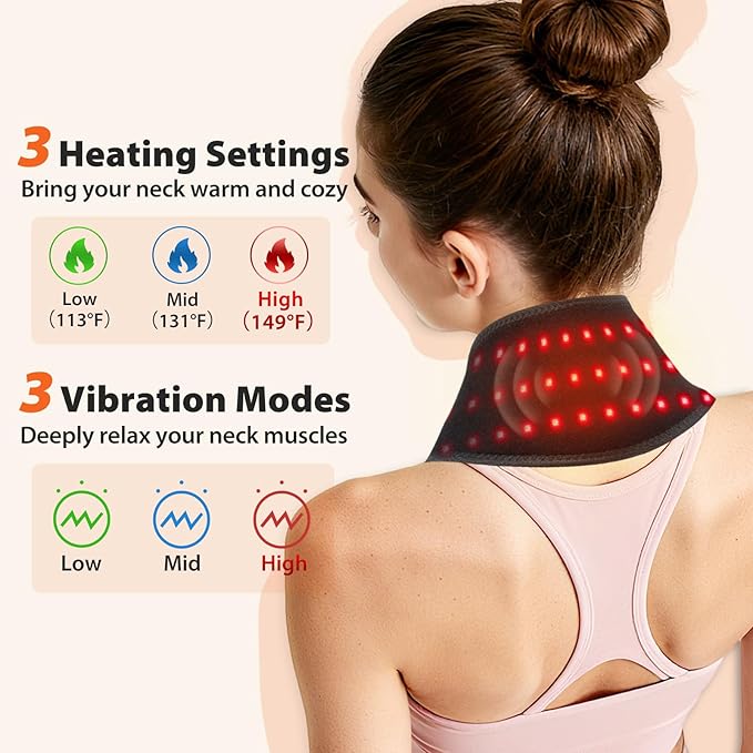 Neck Heating Pad with Massage, Heating Neck Wrap with 660nm 850nm Red Light, with 3000mAh Rechargeable, 3 Levels Heat & 3 Vibration Modes, Electric Nape Heating Pad for Soreness Stiffness