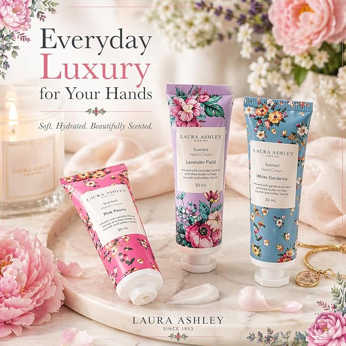 Laura Ashley Hand Cream Set - 7 Piece Hand Lotion Collection for Women, Travel Size Moisturizing Lotion for Dry Skin with Rose, Lavender, Magnolia & Floral Scents - 30ml Each