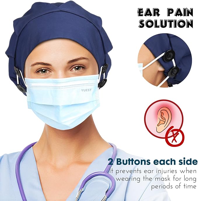 2 Pack Satin Lined Bouffant Scrub Caps with Buttons, Adjustable Scrub Caps for Women Men