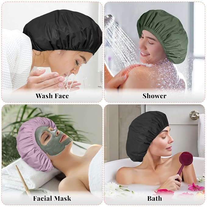 3 Pack Waterproof Reusable Shower Cap for Women, Hair Cap for Long Thick Hair, Lightweight Bath Hat for Daily Use