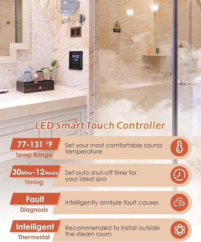 Steam Shower Generator Kit 12KW for Bath Sauna SPA, Aromatherapy Steam Head, Self-draining System, LED Waterproof Controller, for Commercial Home Use…