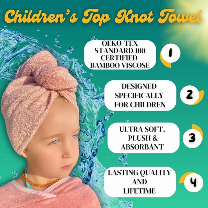 Kids Hair Towel Wrap | 100% Bamboo Viscose |Tailored Small | Essential Hair Drying Wrap for Bath, Beach, Pool and Spa | Hair Accessory for Girls | Set of 2 | Sea Moss Green + Coral Sand