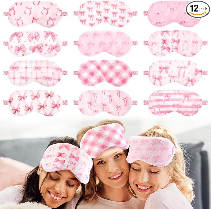 Cuffbow 12 Pcs Plush Sleeping Eye Masks Bulk Comfortable Sleep Eye Cover Mask for Kids Women Men Soft Furry Blindfold Faux Fur Shade for Travel Nap Sleepover Party Supplies (Bow)
