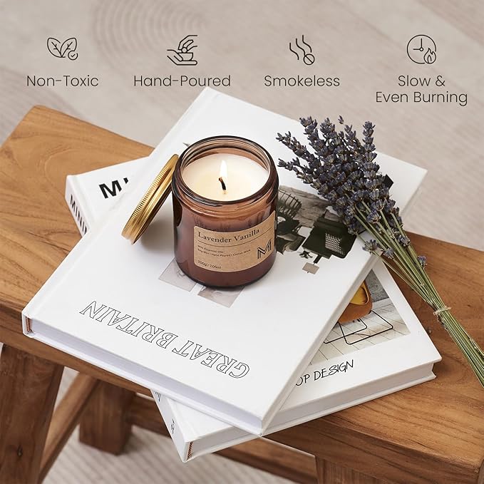 M&SENSE LavenderVanilla Scented Christmas Candle Gift, Aromatherapy Candle Set for Women, Soy Wax Candles Home Scented, Long Lasting Amber Jar Candles Gift for Christmas, Thanksgiving, Holiday