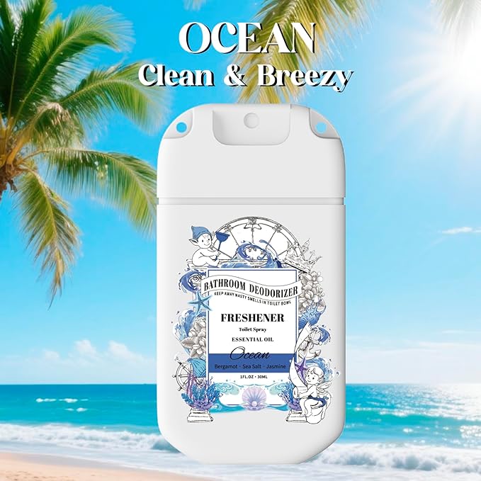 Pocket Size Toilet Spray with Removable Hook,30ml Travel Essentials Variety 3 Pack, Bathroom Odor Eliminator for Poop - Ocean Coconut Peony Scent