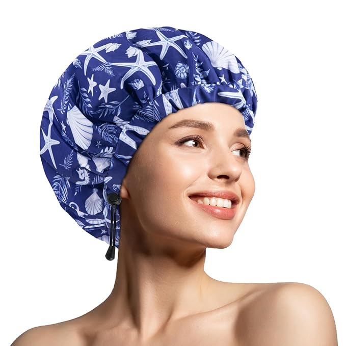 1 PCS Shower Cap, Double Layer & Adjustable Bathing Cap for Shower, Extra Large Reusable Hair Cap for Women, Waterproof Exterior & EVA Lining, Oversized Design for All Hair Lengths/Style