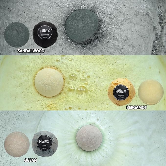 HZEX Charcoal Activated Bath Bombs for Men – Detox with Handmade Organic 6 Pack Bath Bomb Set, up to 3 Scents (Sandalwood, Bergamot, Ocean), Individually Wrapped (Mixed)