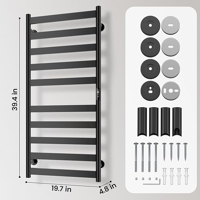 Electric Towel Warmer Rack, 10-Bar Stainless Steel Heated Tower Rack with Built-in Timer, Wall Mounted, Plug-in/Hardwired, Black