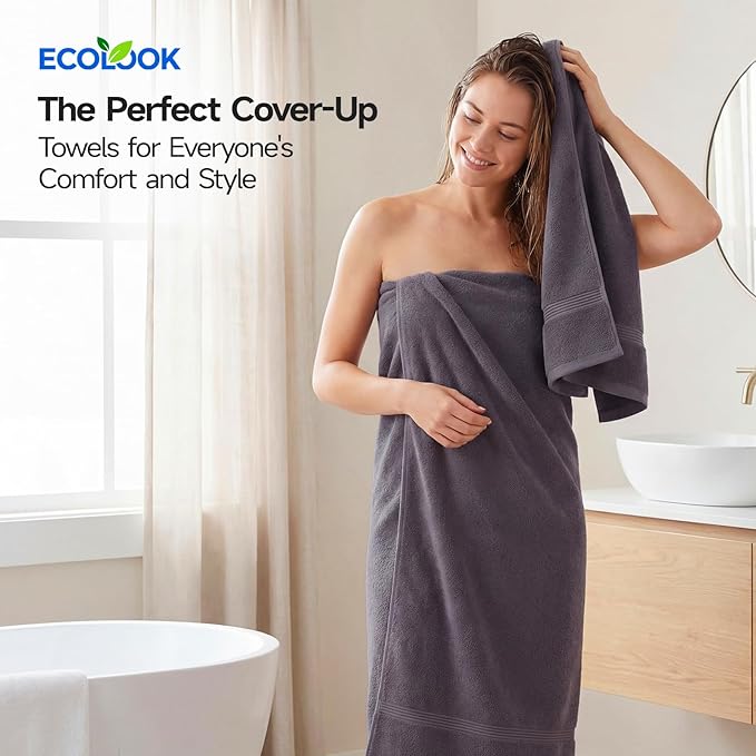 ecolook Bath Towels Set of 4,100% Cotton,27 x 55 Inches,Quick-Drying & Absorbent,Soft,Lightweight Towels for Bathroom,Shower,Spa, Gym & Hotel,Gray Purple