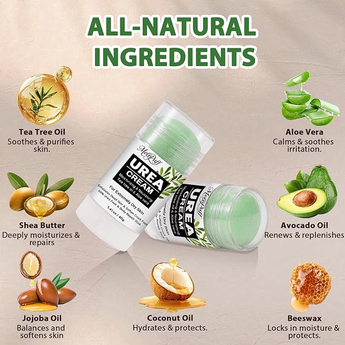 60% Urea Cream Stick with 2% Salicylic Acid, Tea Tree & Aloe Vera - Maximum Strength Foot Cream for Dry Cracked Heels, Callus Remover, Dead Skin Exfoliator for Hands, Knees, Elbows - 1.41oz