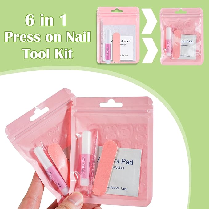 Press On Nail Tool Kit with Everything, Bebbtiy Nail Prep Tool Disposable Manicure Kit with Nail File, Nail Glue, Prep Pads, Adhesive Nail Tabs,Wood Stick, Packaging Bag (20pcs-pink)