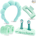 VELSCRUN Spa Headband, Makeup Face Wash Skincare Headbands, 5 Pcs Sponge Get Ready Snail Hairband Facial Wristband Hair Clip Set, Stuff for Teen Girls Women Trendy Hair Accessories Light Green