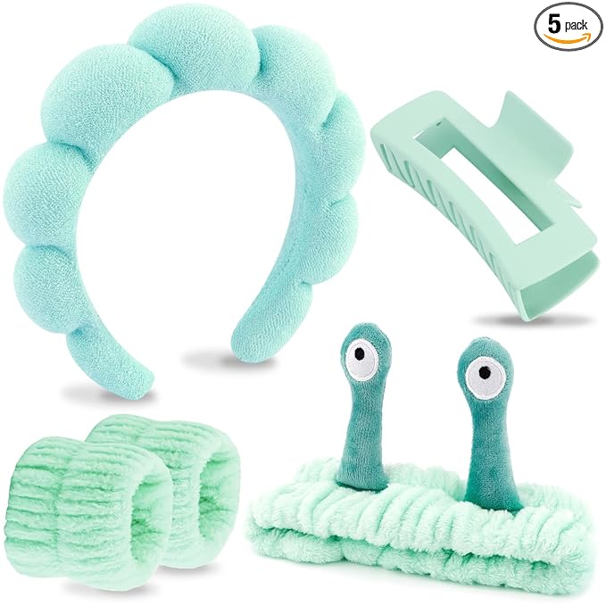 VELSCRUN Spa Headband, Makeup Face Wash Skincare Headbands, 5 Pcs Sponge Get Ready Snail Hairband Facial Wristband Hair Clip Set, Stuff for Teen Girls Women Trendy Hair Accessories Light Green