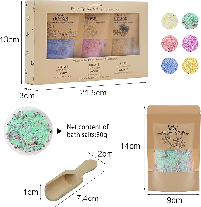 Bath Salts, Gift Set, Bath Salts for Women Relaxing, Mother's Day Birthday Gifts for Self Care, Individual Packets with Pure Natural Sea Salt, Minerals and Dried Flower, Spa Bath & Foot Soak, 6 Scents