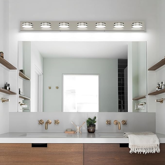 55.12inch Brushed Nickel Vanity Light Fixtures, 7 Light LED Bathroom Vanity Lights Over Mirror, Modern Dimmable Bathroom Wall Lighting for Mirror (Cool White 5500K)