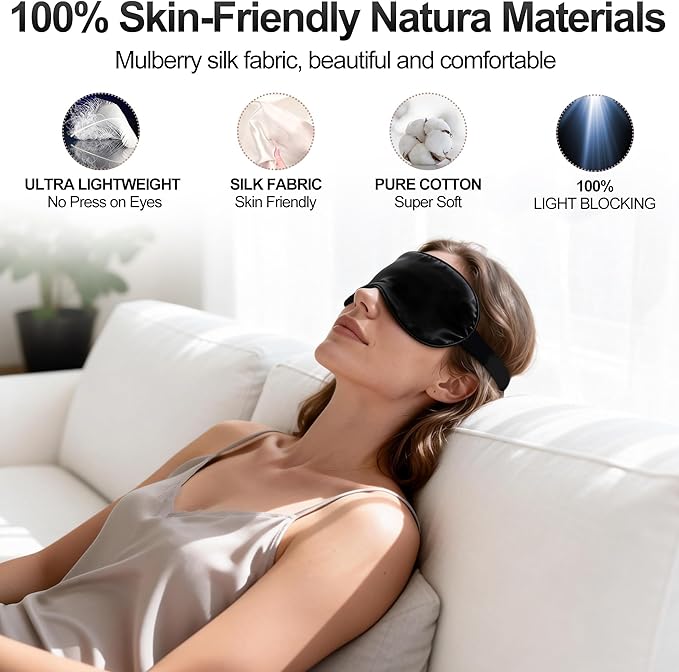 Silk Sleep Mask for Sleeping, Blackout Eye Mask with Adjustable Strap, Lightweight & Comfortable Blindfold for Women & Men, Includes Protective Laundry Bag for Eye Cover(Black)