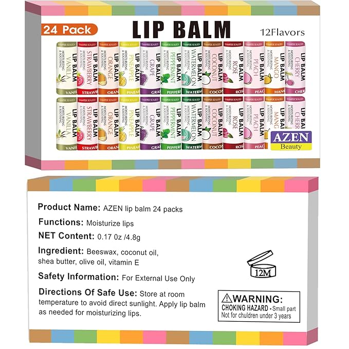 AZEN 24 Pack Lip Balm Bulk, Moisturizing Lip Balms for dry cracked lips, Mothers Day Gifts Easter Basket Stuffers - 12 Flavors