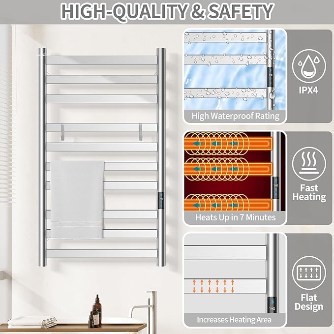 Heated Towel Rack for Bathroom, Towel Warmer with 10 Bar Flat Rack Large, Electric Hot Towel Rack Wall Mounted, LED Buit-in Timer, Plug-in, Stainless Steel, Fast Heating, Nickel
