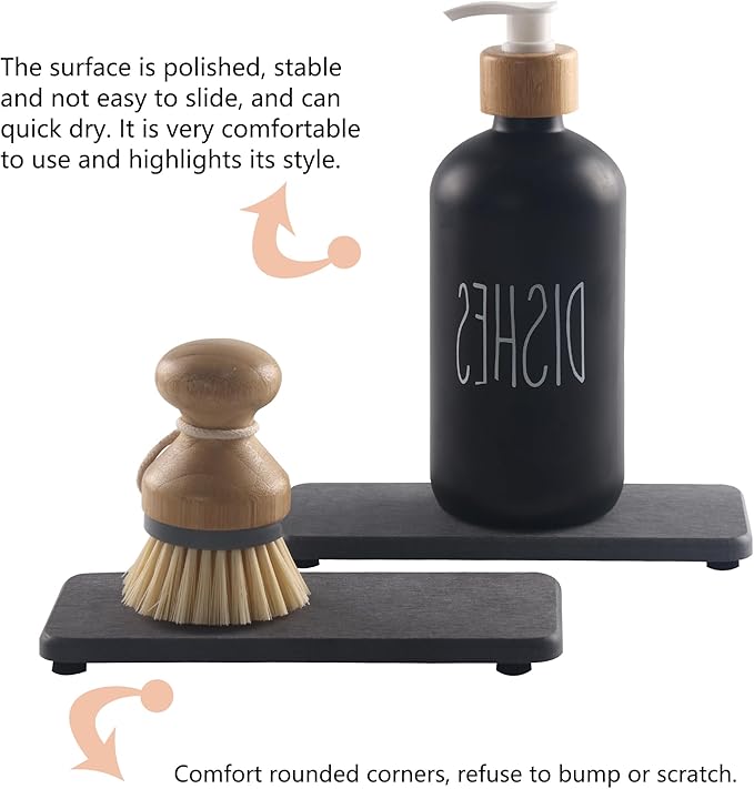 NiuYichee 2 Pcs Water Absorbing Stone Trays, Kitchen/Bathroom Sink Soap Dish, Diatomite Tray Used for Hand Soap & Cosmetic Bottles in The Modern Home, 3.5" W x 7.1" L, Dark Gray