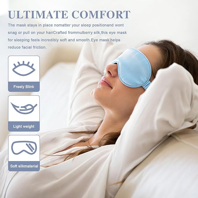 Silk Sleep Mask,Eye Mask for Sleep Women Men,Mulberry Sleeping Mask with Adjustable Strap,Blindfold Blackout Eye Mask for Travel and Full Night's Sleep,Nap