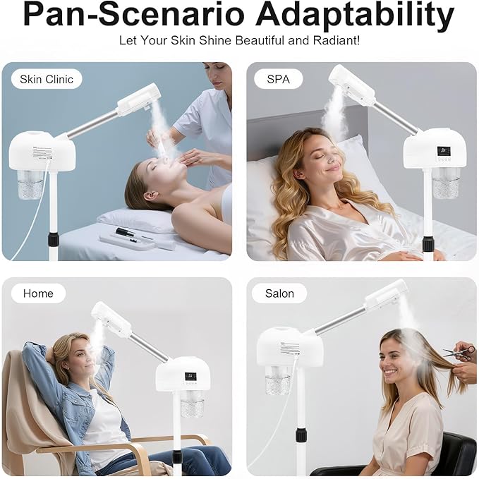 Standing Facial Steamer with LCD Timer 0-20min, Ozone Face Steamer Machine, Movable Pedicure Steamer with Wheels & Adjustable Height, Portable Skin Care Spa for Home Beauty Salon