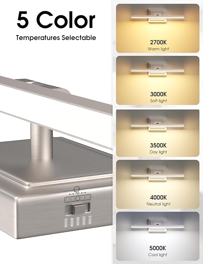VOLISUN Modern Bathroom Vanity Light 24 inch, Rotatable, 14W Dimmable 5CCT Led Bathroom Light Fixture Over Mirror, Brushed Nickel Bar Vanity Light for Bathroom Mirror Restroom-ETL Certificated