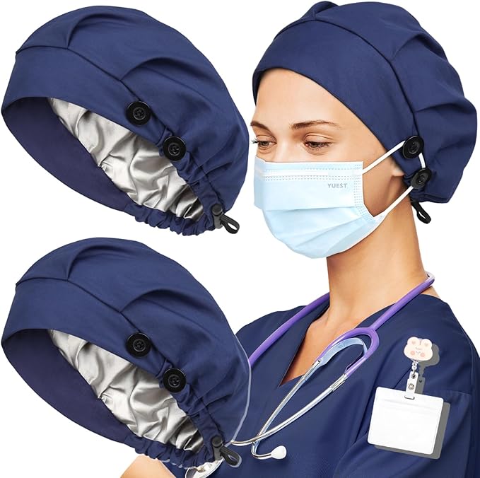 2 Pack Satin Lined Bouffant Scrub Caps with Buttons, Adjustable Scrub Caps for Women Men