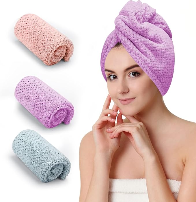 CZZXI 3 PCS Microfiber Hair Towel, Hair Wraps for Women Wet Hair, Fast Drying Hair Turban, Anti Frizz Head Towels Wrap for Curly Hair (Purple, Pink, Blue)