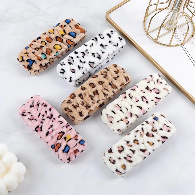 hexiaoxiao 6 Pack Microfiber Spa Headband Elastic Skin-Friendly No Slip Hairband for Women Face Wash Skincare Yoga Makeup Daily Use (Leopard & Polka Dot Patterns)
